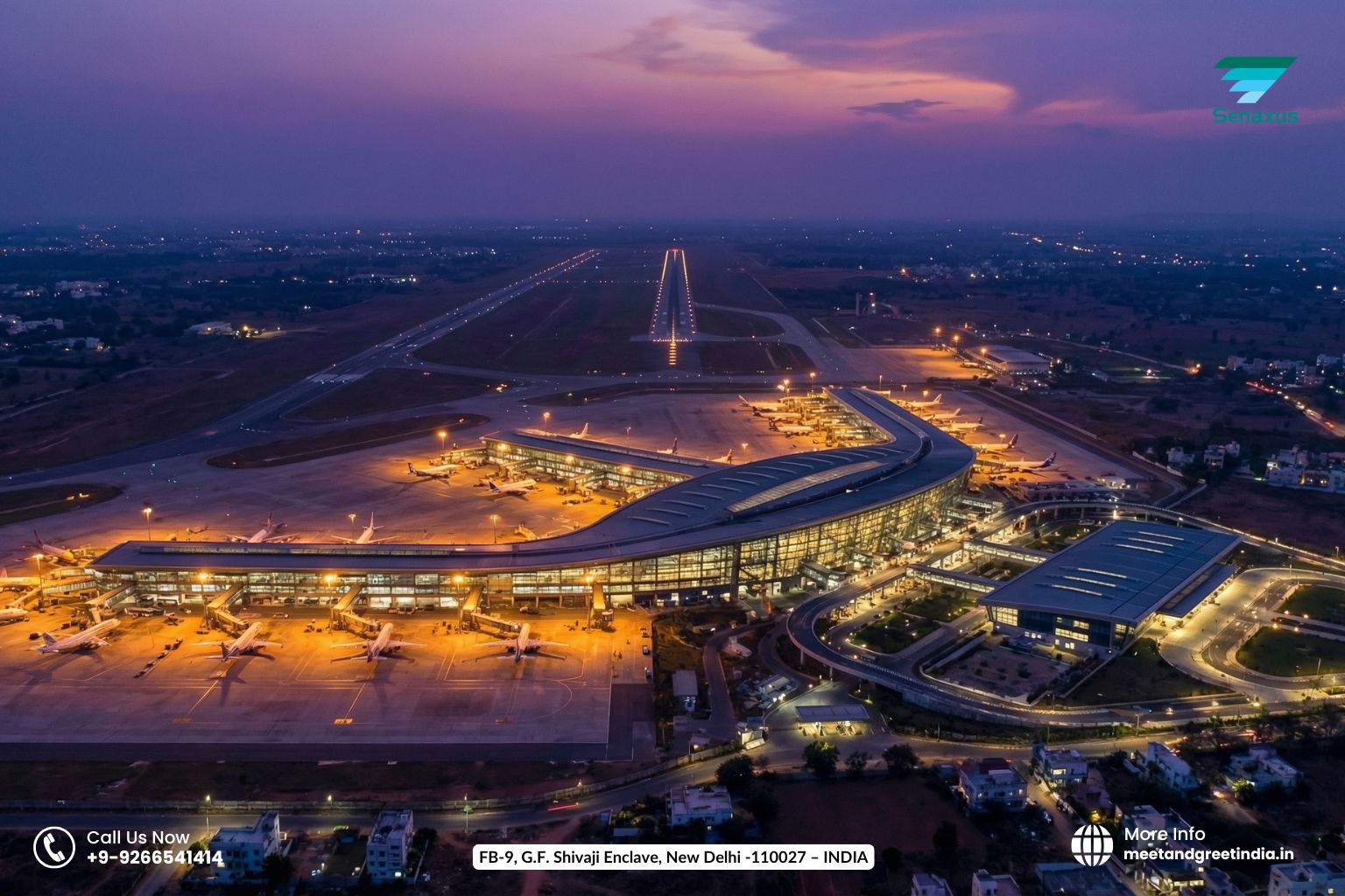 Aerial view of Rajiv Gandhi International Airport Hyderabad terminal and runway at twilight