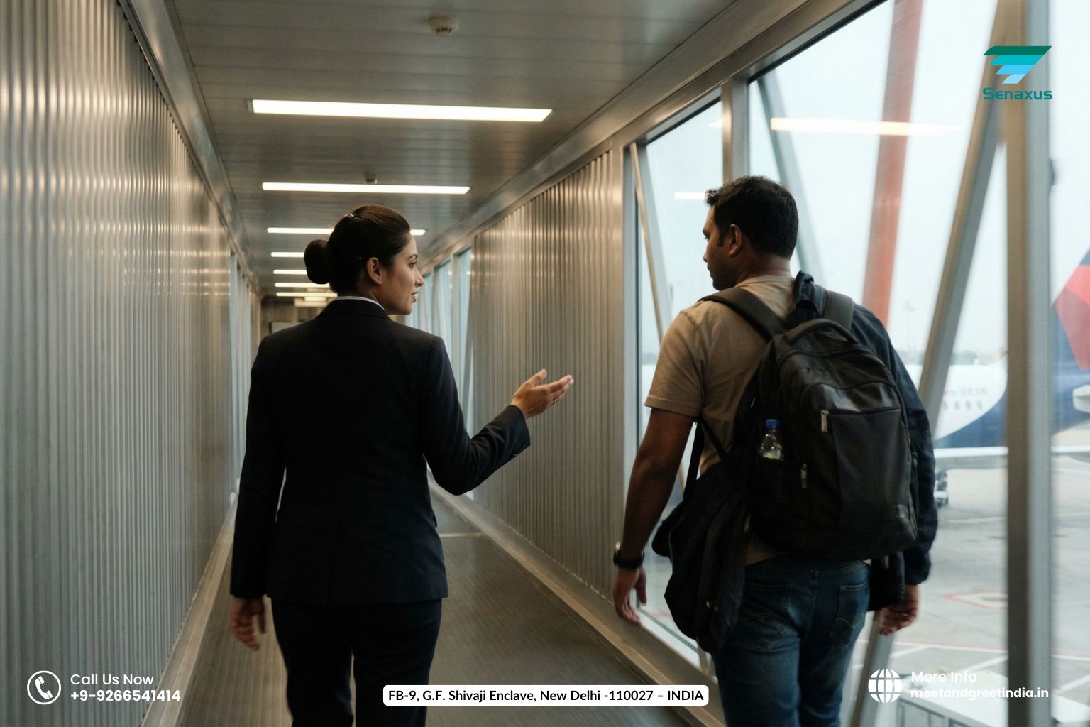 Meet and greet agent escorting arriving passenger through aerobridge at Hyderabad Rajiv Gandhi airport