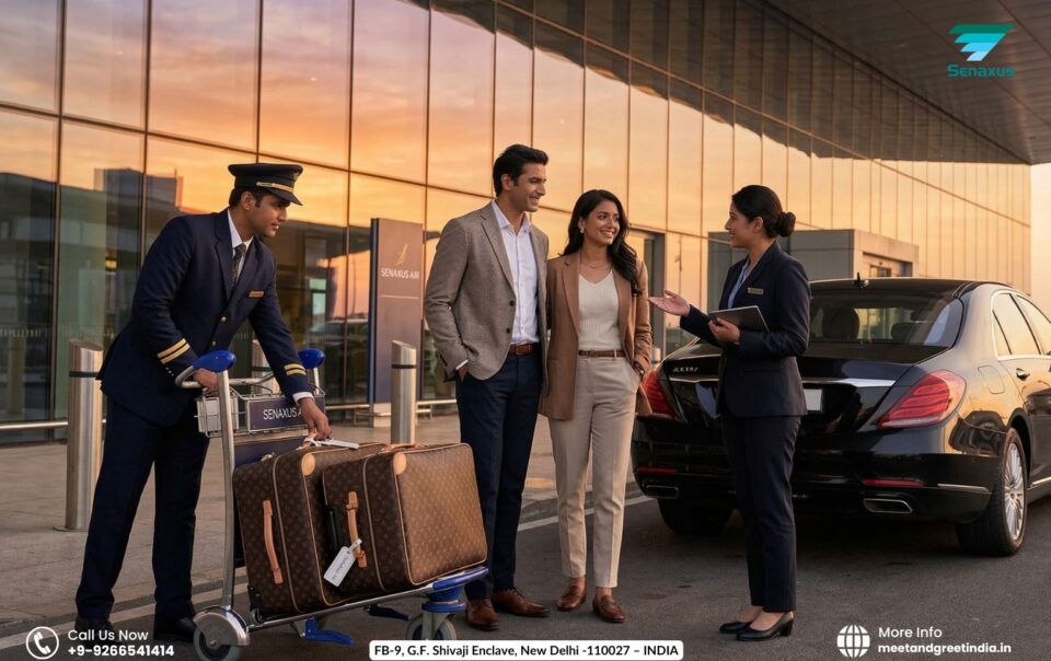 Departure meet and greet service — porter handling luggage at Hyderabad airport curbside with chauffeur vehicle