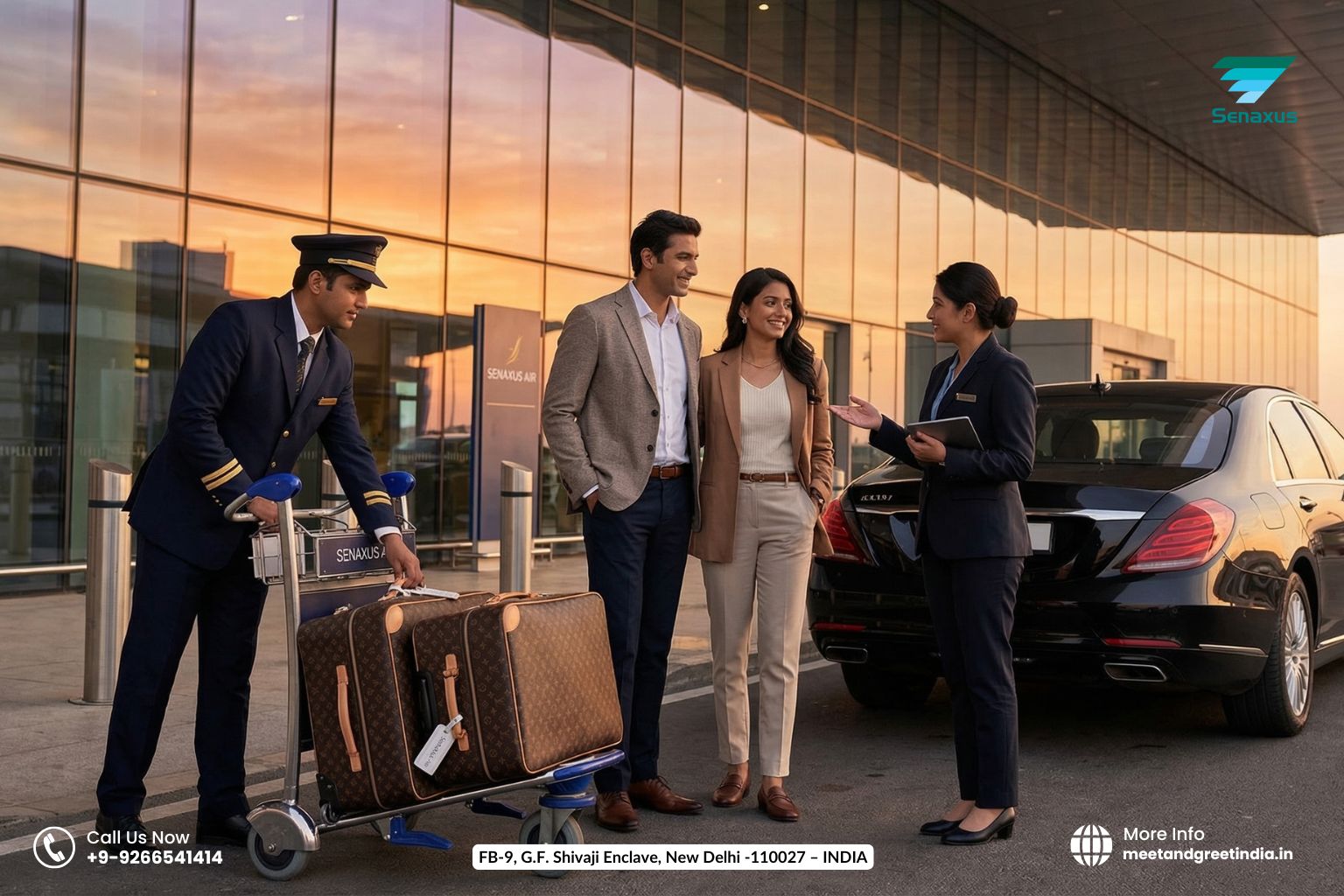 Departure meet and greet service — porter handling luggage at Hyderabad airport curbside with chauffeur vehicle