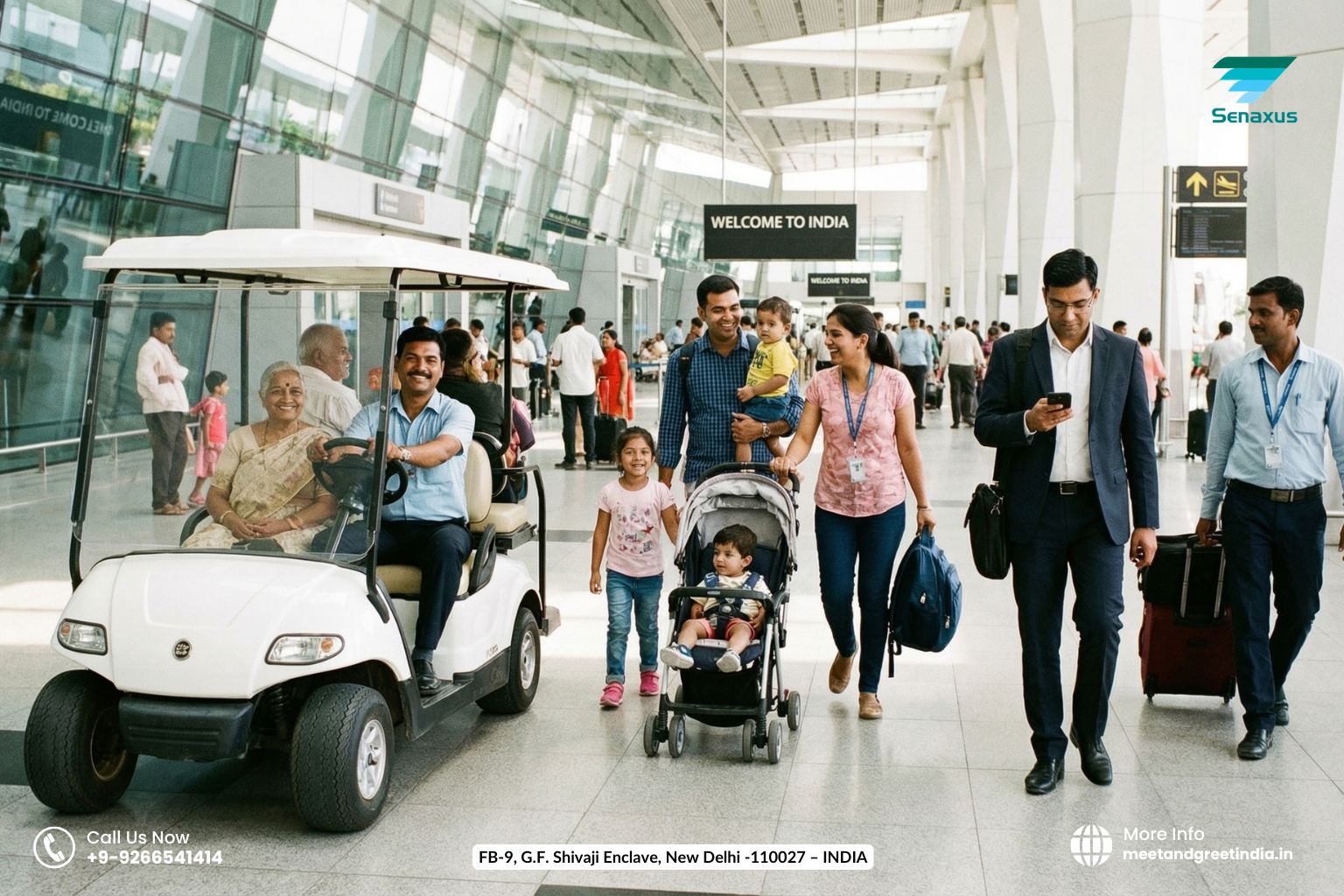 Diverse travelers including families, seniors, and business executives receiving Fastrack Meet and Greet assistance at Hyderabad airport
